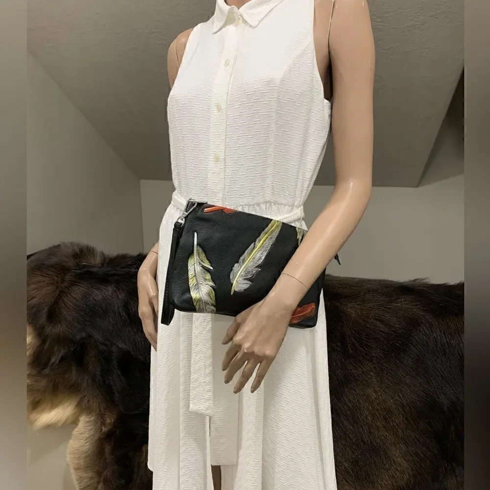 Handmade Genuine Leather Feather Embossed XL Zip Clutch/Wristlet/ Crossbody